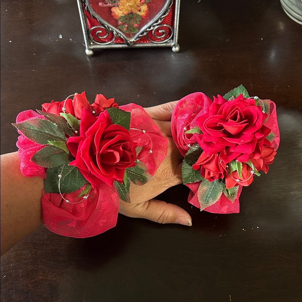 Red Floral Wrist Corsage and boutonnière homemade